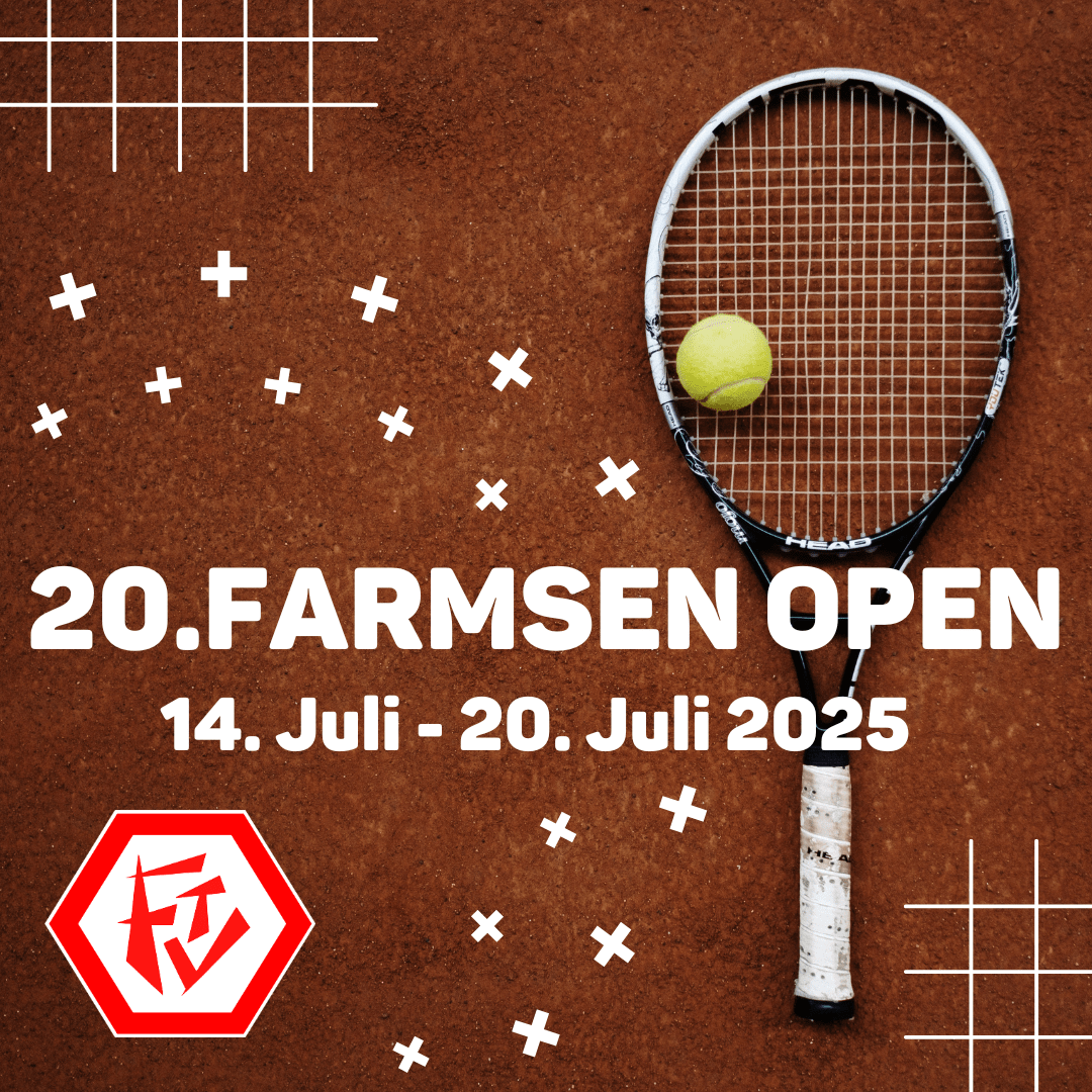 farmsen-open-2025 Farmsen Open 2025 Werbeplakat. Tennisschläger mit Ball auf Tennisplatz und FTV Logo